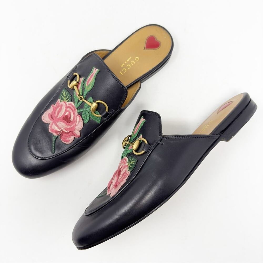 Gucci Princetown Flower Embroidered Loafers Mules 38.5